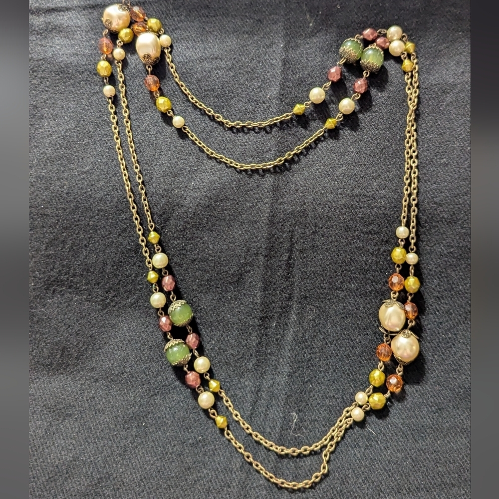 Gold Tone White Green Brown Long Beaded Statement Necklace